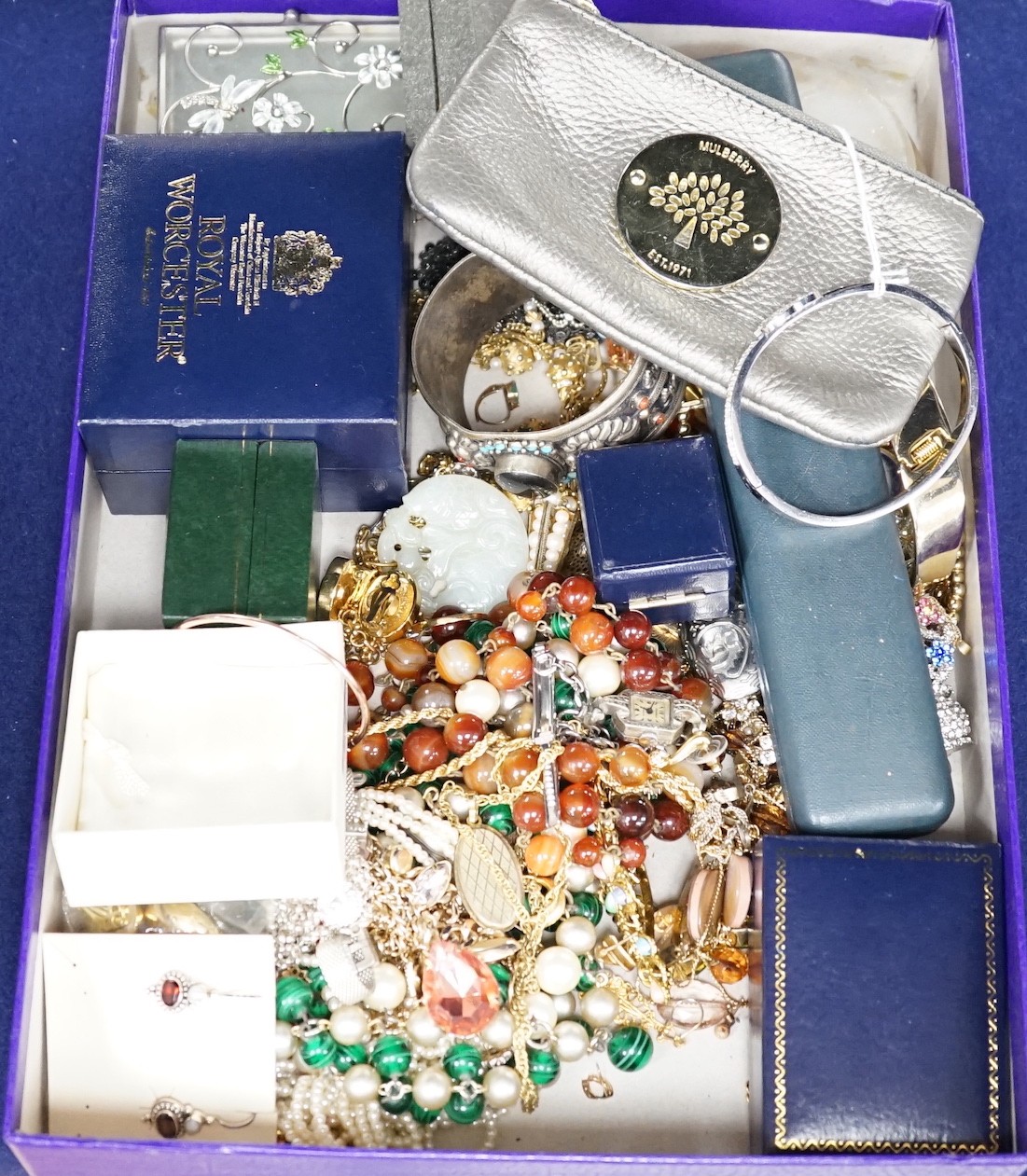 An assortment of costume and other jewellery, including white metal charm bracelet, 925 pendant on chain etc.